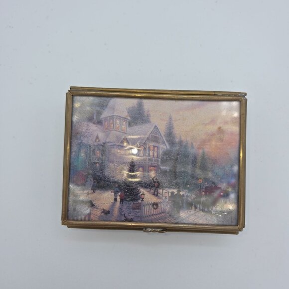 Thomas Kinkade Via Vermont Glass Jewelry Box With Mirror Lid Featuring Winter Sc - Picture 4 of 9